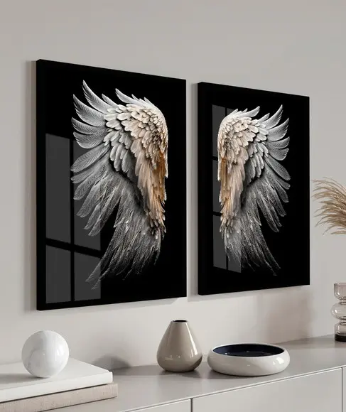 Kit 2 Quadros Decorativos Asas Brancas com Moldura e Vidro