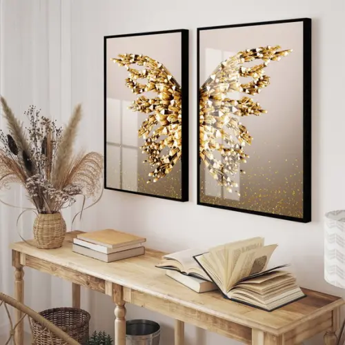 Kit 2 Quadros Decorativos Asas Douradas com Moldura e Vidro