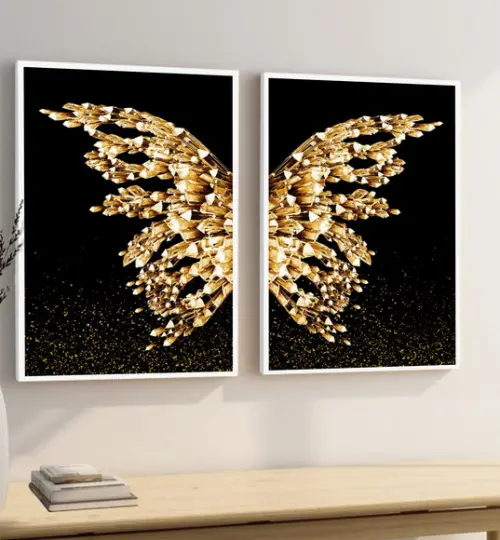 Kit 2 Quadros Decorativos Asas Douradas Gold Com Moldura