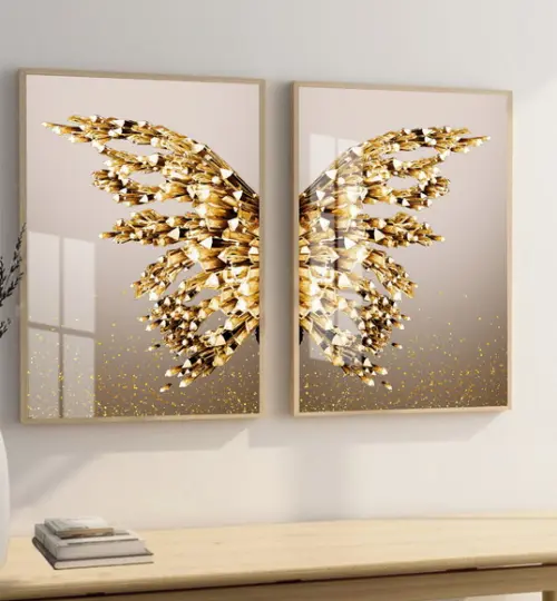 Kit 2 Quadros Decorativos Asas Douradas Gold Moldura e Vidro