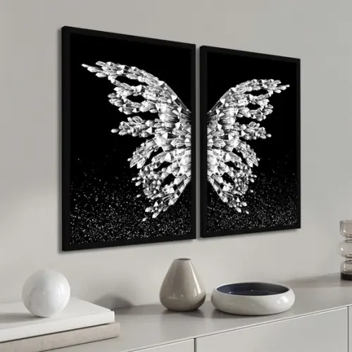 Kit 2 Quadros Decorativos Asas Prata Borboleta Com Moldura