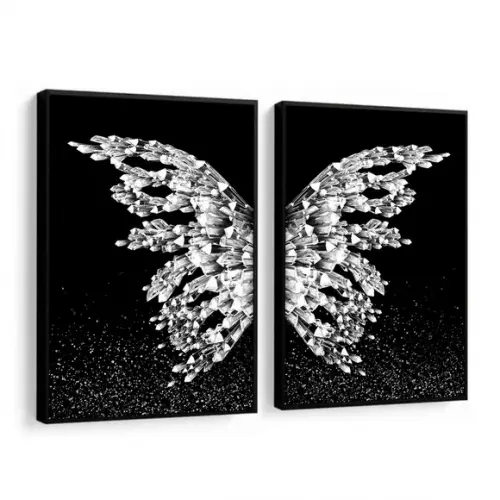 Kit 2 Quadros Decorativos Asas Prata Borboleta Com Moldura