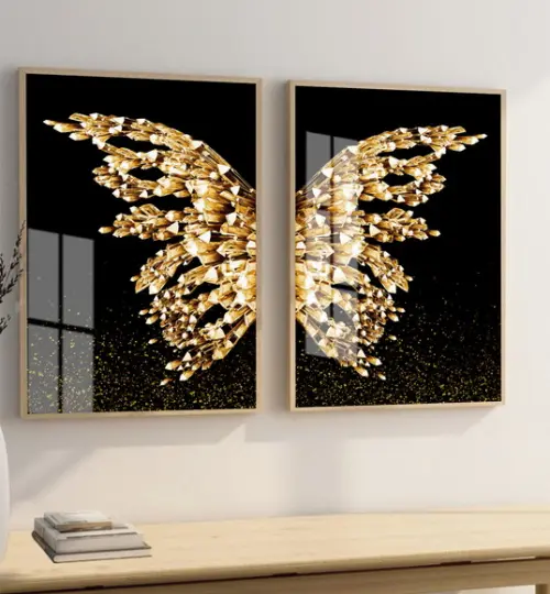 Kit 2 Quadros Decorativos Asas Douradas Gold Moldura e Vidro