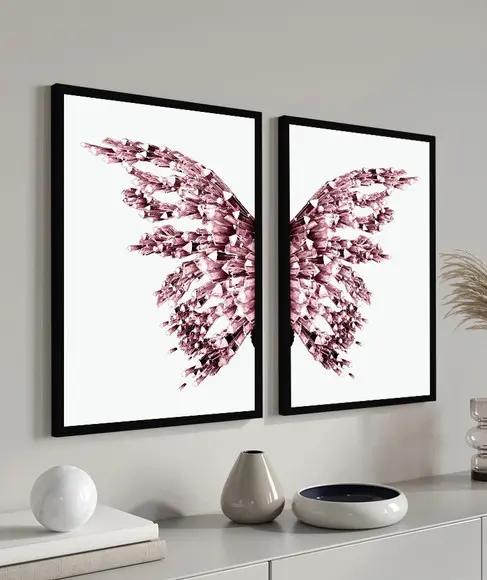 Kit 2 Quadros Decorativos Asas Rosa Borboletas com Moldura