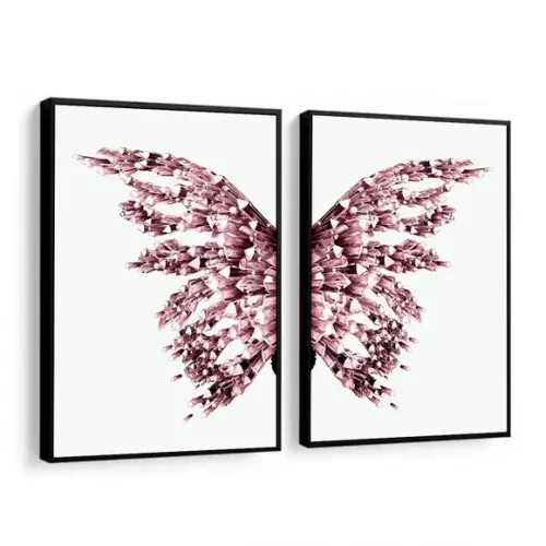 Kit 2 Quadros Decorativos Asas Rosa Borboletas com Moldura