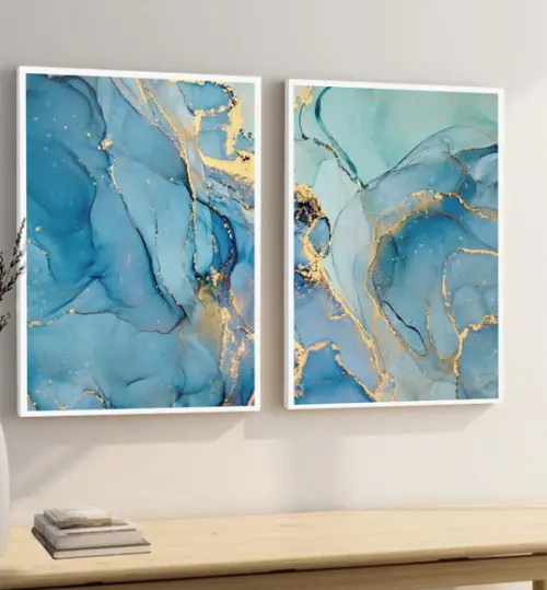 Kit 2 Quadros Decorativos Azul Abstrato Dourado Moldura