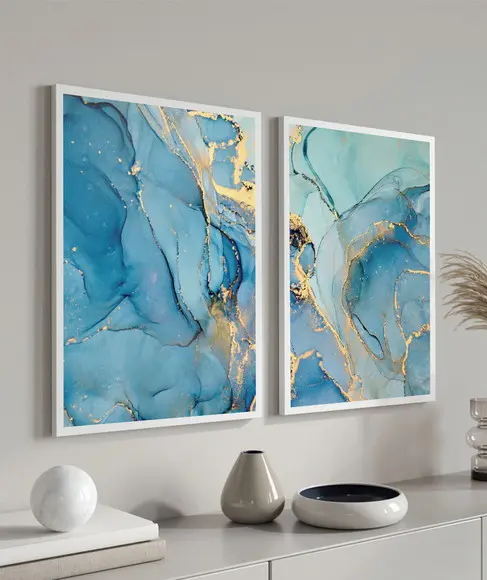 Kit 2 Quadros Decorativos Azul Abstrato Dourado Moldura