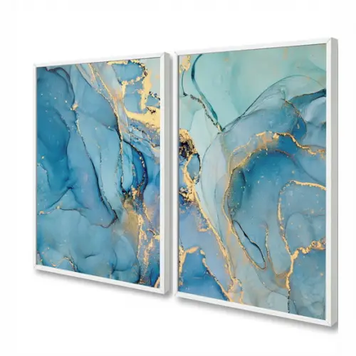 Kit 2 Quadros Decorativos Azul Abstratos Dourados Moldura