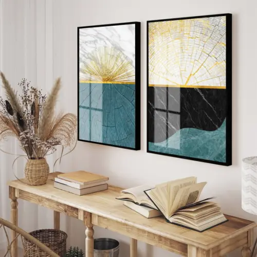 Kit 2 Quadros Decorativos Azul E Dourado Com Moldura Vidro