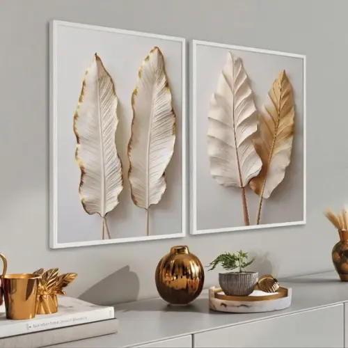 Kit 2 Quadros Decorativos Boho Folhagem Luxo Moldura Vidro