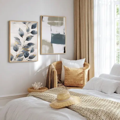 Kit 2 Quadros Decorativos Boho Folhagem Luxo Moldura Vidro