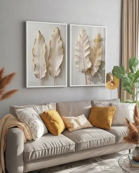 Kit 2 Quadros Decorativos Boho Folhagem Luxo Moldura Vidro
