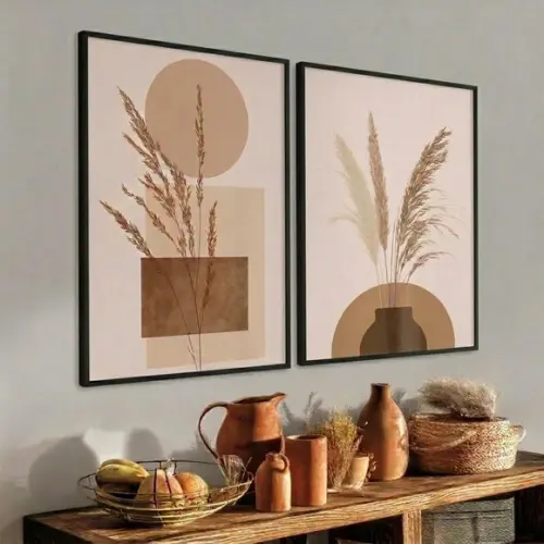 Kit 2 Quadros Decorativos Boho Folhagem Luxo Moldura Vidro