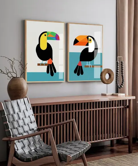 Kit 2 Quadros Decorativos Boho Tucanos Luxo Moldura Vidro