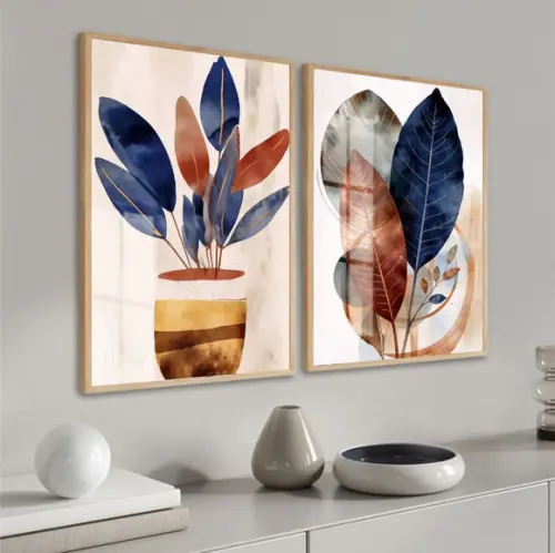 Kit 2 Quadros Decorativos Boho Folhagem Luxo Moldura Vidro