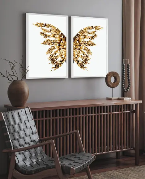 Kit 2 Quadros Decorativos Borboleta Asa Dourada com Moldura