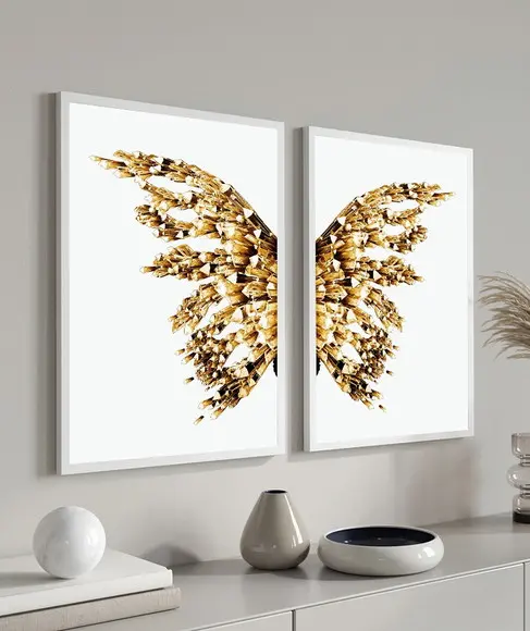 Kit 2 Quadros Decorativos Borboleta Asa Dourada com Moldura