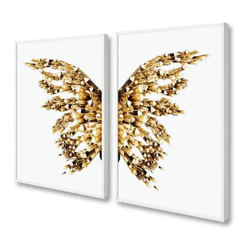Kit 2 Quadros Decorativos Borboleta Asa Dourada com Moldura