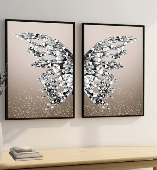 Kit 2 Quadros Decorativos Borboleta Asas Prata Com Moldura