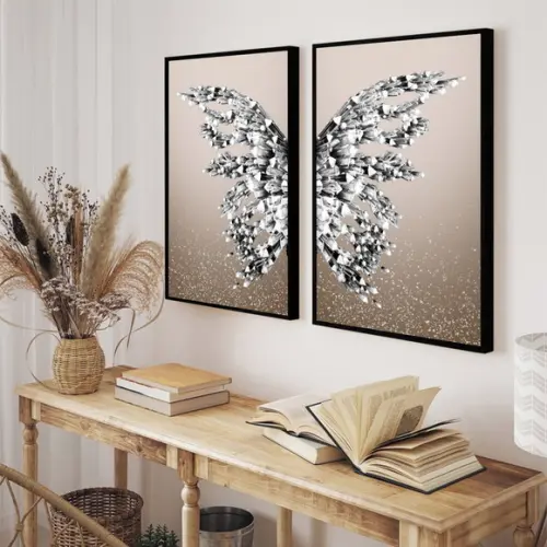 Kit 2 Quadros Decorativos Borboleta Asas Prata Com Moldura