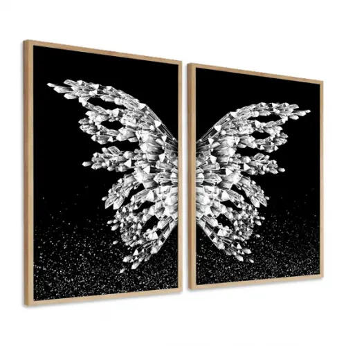 Kit 2 Quadros Decorativos Borboleta Asas Prateadas Moldura