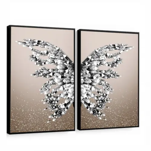 Kit 2 Quadros Decorativos Borboleta Asas Prata Com Moldura