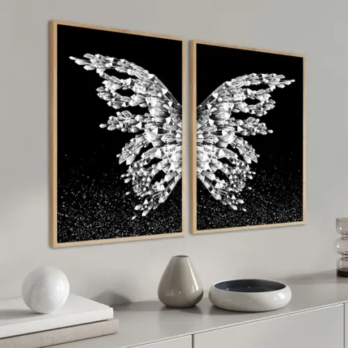 Kit 2 Quadros Decorativos Borboleta Asas Prateadas Moldura