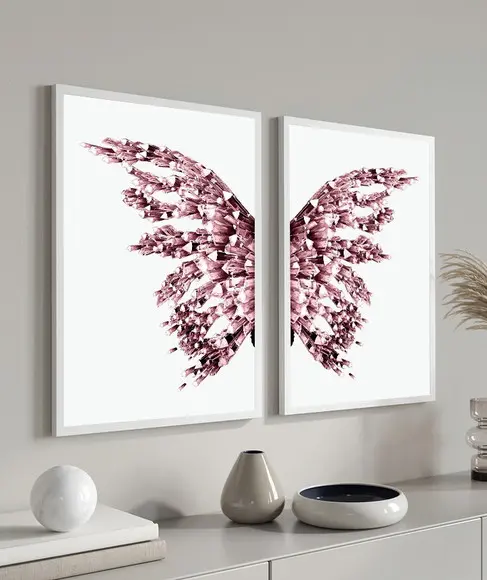 Kit 2 Quadros Decorativos Borboleta Asas Rosa com Moldura