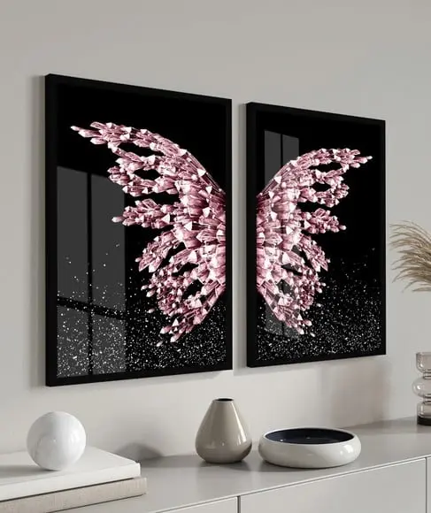 Kit 2 Quadros Decorativos Borboleta Asas Rosa Moldura Vidro
