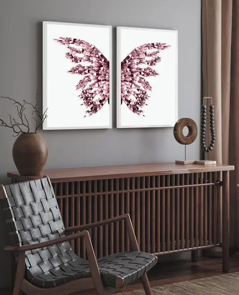 Kit 2 Quadros Decorativos Borboleta Asas Rosa com Moldura