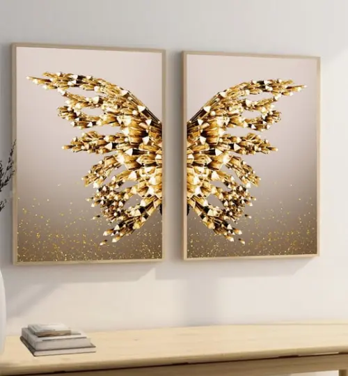 Kit 2 Quadros Decorativos Borboleta Dourada Asas Com Moldura