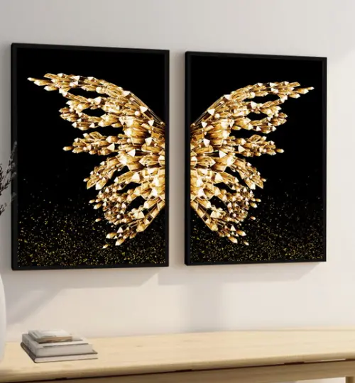 Kit 2 Quadros Decorativos Borboleta Dourada Asas Com Moldura
