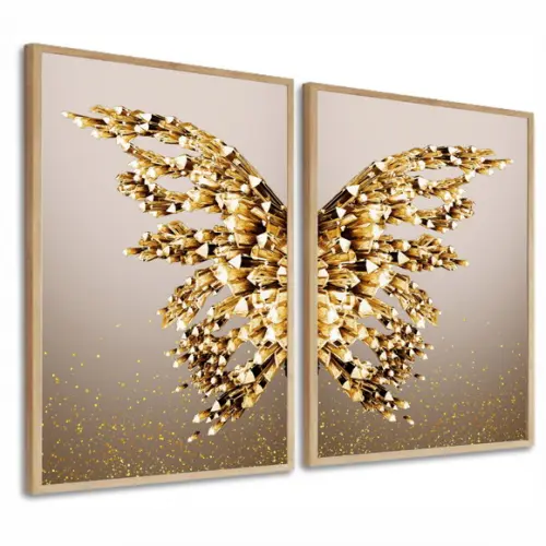 Kit 2 Quadros Decorativos Borboleta Dourada Asas Com Moldura