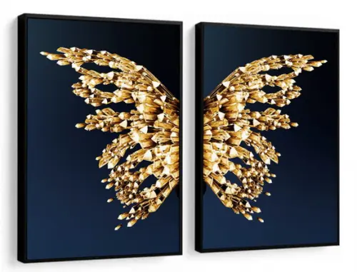 Kit 2 Quadros Decorativos Borboleta Dourada Gold com Moldura