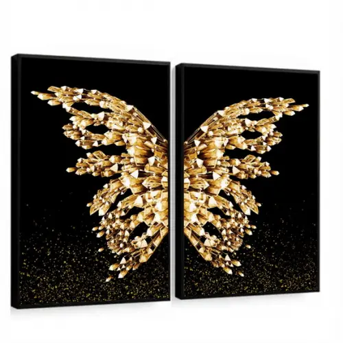 Kit 2 Quadros Decorativos Borboleta Dourada Asas Com Moldura