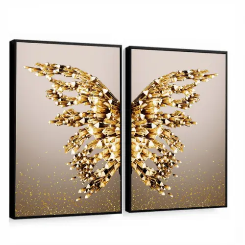 Kit 2 Quadros Decorativos Borboleta Dourada Sala com Moldura