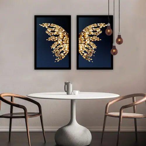 Kit 2 Quadros Decorativos Borboleta Dourada Gold com Moldura