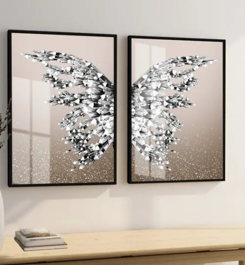 Kit 2 Quadros Decorativos Borboleta Prata Com Moldura Vidro