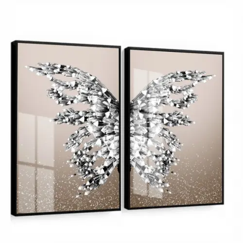 Kit 2 Quadros Decorativos Borboleta Prata Com Moldura Vidro