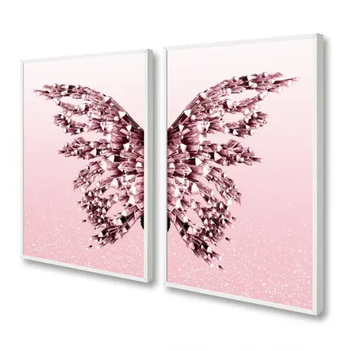 Kit 2 Quadros Decorativos Borboleta Rosa Gold Com Moldura