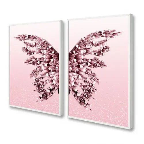 Kit 2 Quadros Decorativos Borboleta Rosa Moldura e Vidro