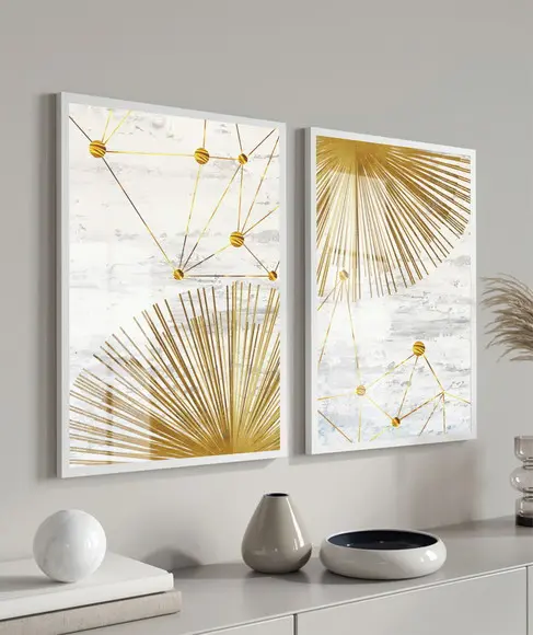 Kit 2 Quadros Decorativos Branco e Dourado Moldura e Vidro
