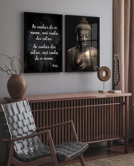 Kit 2 Quadros Decorativos Buda Frases Moderno Moldura Vidro