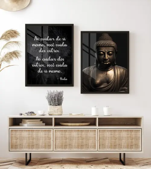 Kit 2 Quadros Decorativos Buda Frases Moderno Moldura Vidro