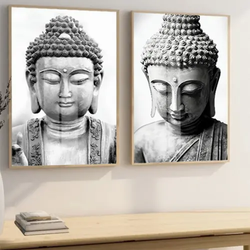 Kit 2 Quadros Decorativos Buda Preto e Branco Luxo com Vidro