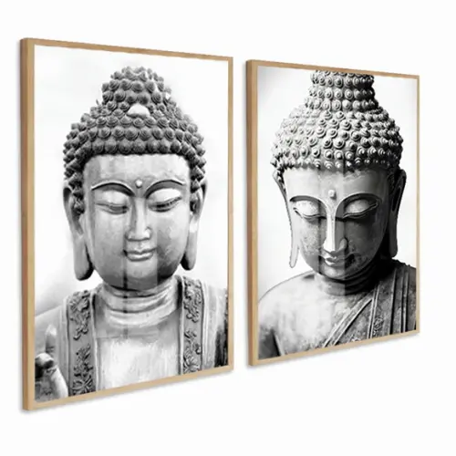 Kit 2 Quadros Decorativos Buda Preto e Branco Luxo com Vidro
