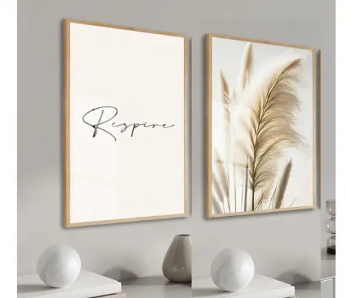 Kit 2 Quadros Decorativos Capim Frases Sala Moldura Vidro