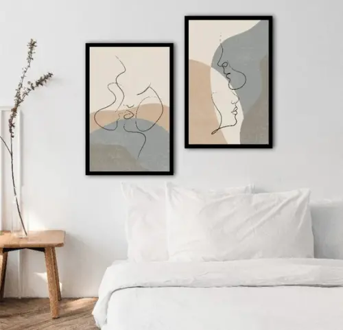 Kit 2 Quadros Decorativos Casal Desenho Moderno Com Moldura