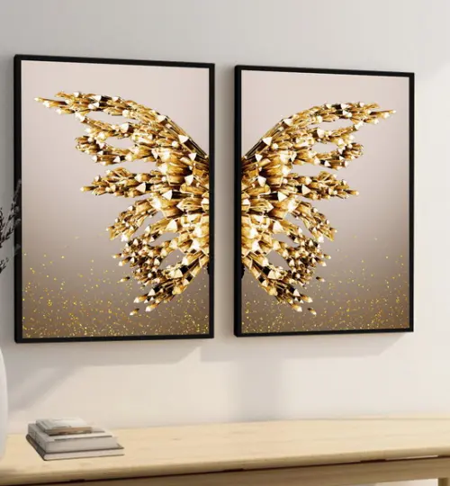 Kit 2 Quadros Decorativos Borboleta Dourada Sala com Moldura