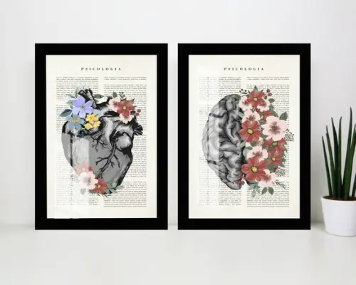 Kit 2 Quadros Decorativos Cérebro Coração Com Moldura Vidro